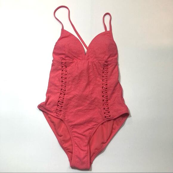 Jessica Simpson V Neck One Piece Swimsuit Pink - Picture 3 of 8